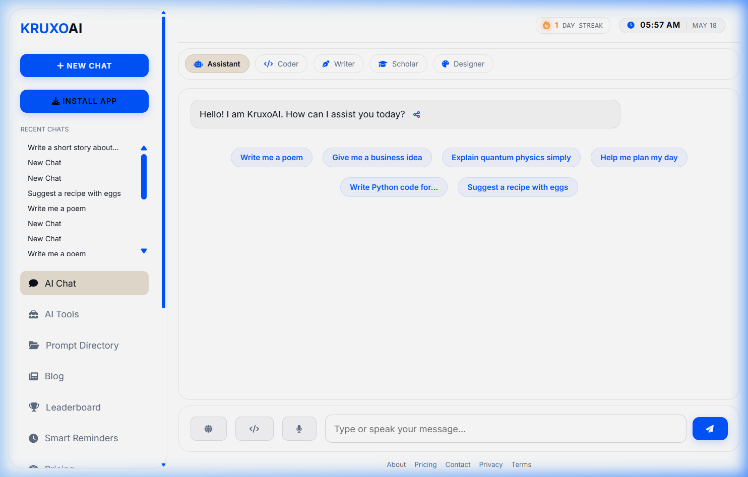 KruxoAI Real App Chat Interface