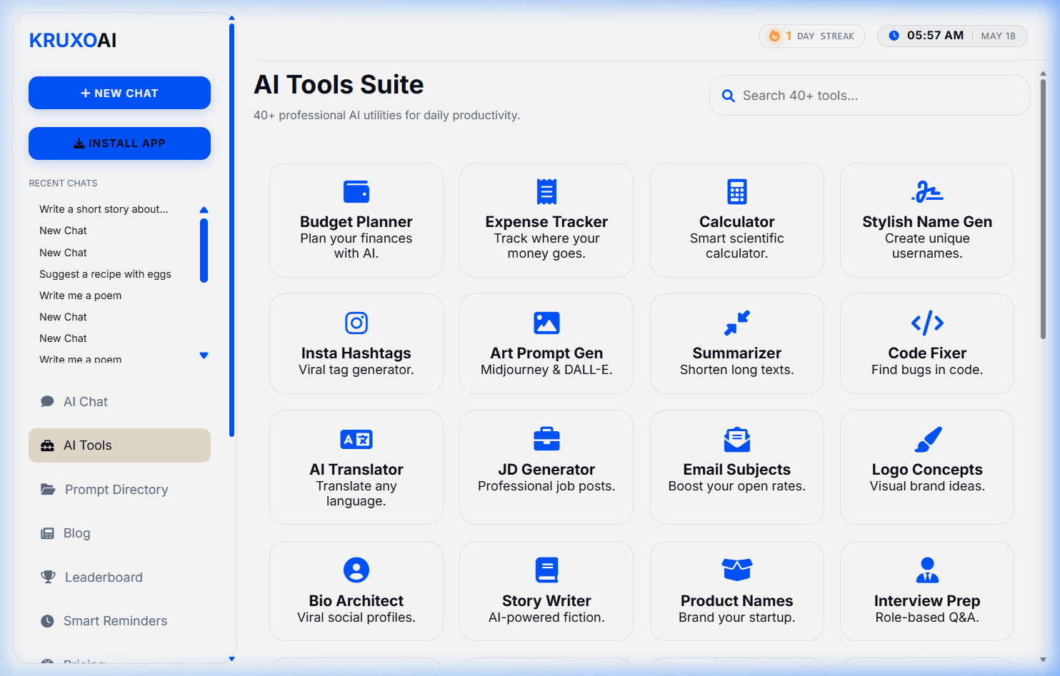 KruxoAI Real App AI Tools Suite running inside high-fidelity desktop wrapper